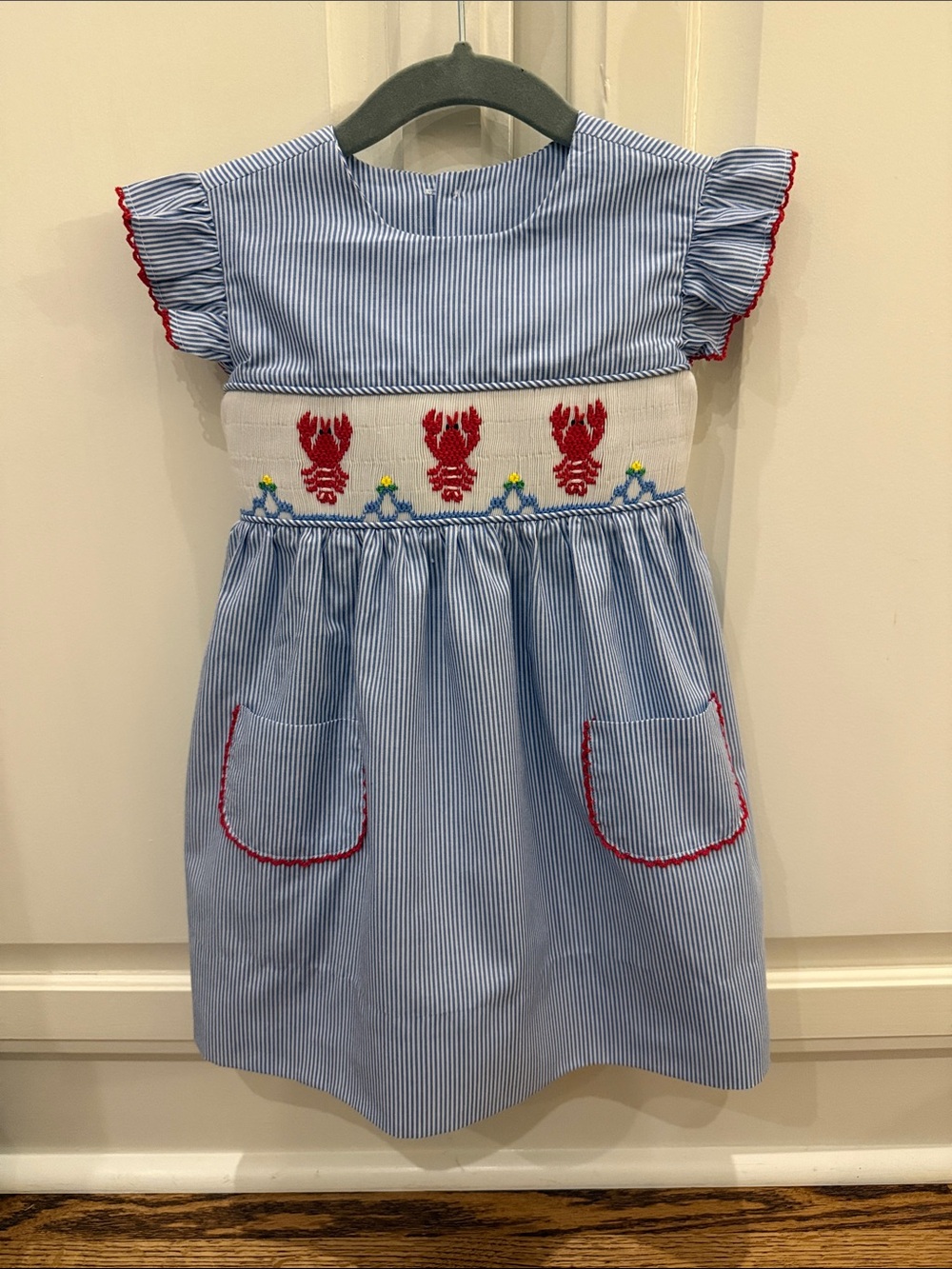 Remember Nguyen Blue & White Pinstripe Lobster Nautical Smocked Dress